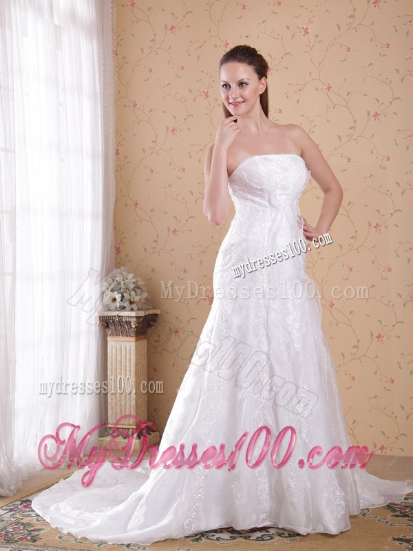 White Strapless Court Train Luxurious Lace Wedding Dresses
