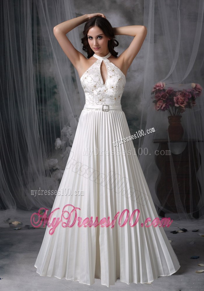White High-neck Floor-length Pleat Appliques Wedding Dresses