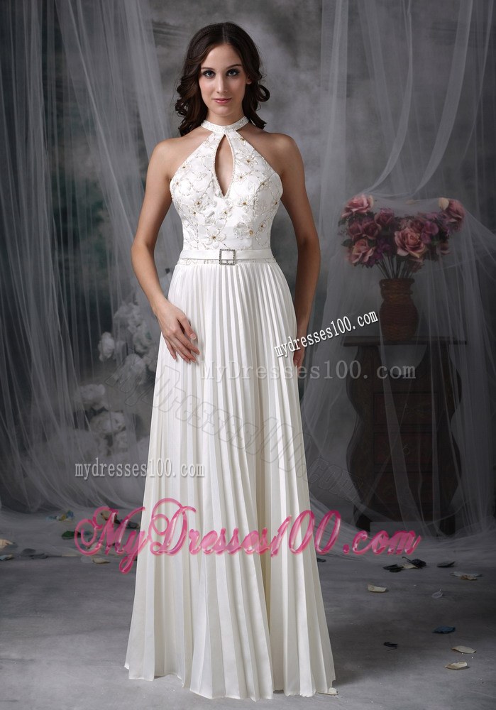White High-neck Floor-length Pleat Appliques Wedding Dresses