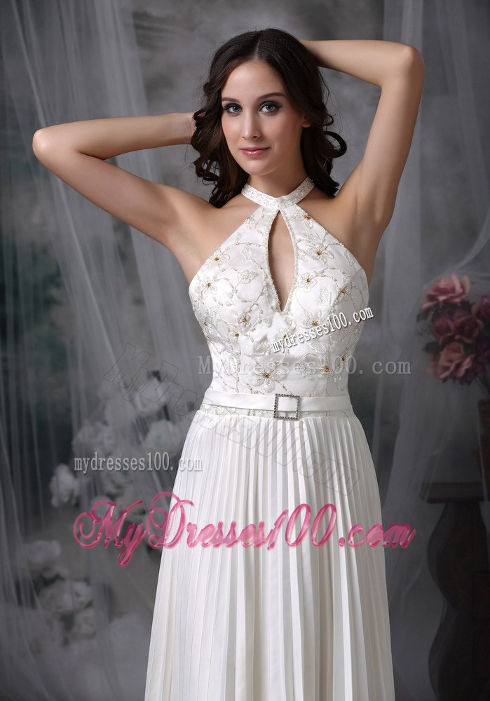 White High-neck Floor-length Pleat Appliques Wedding Dresses