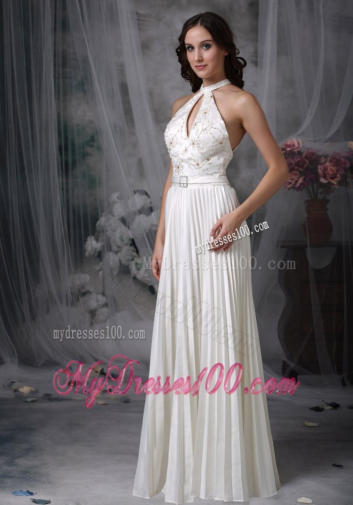 White High-neck Floor-length Pleat Appliques Wedding Dresses