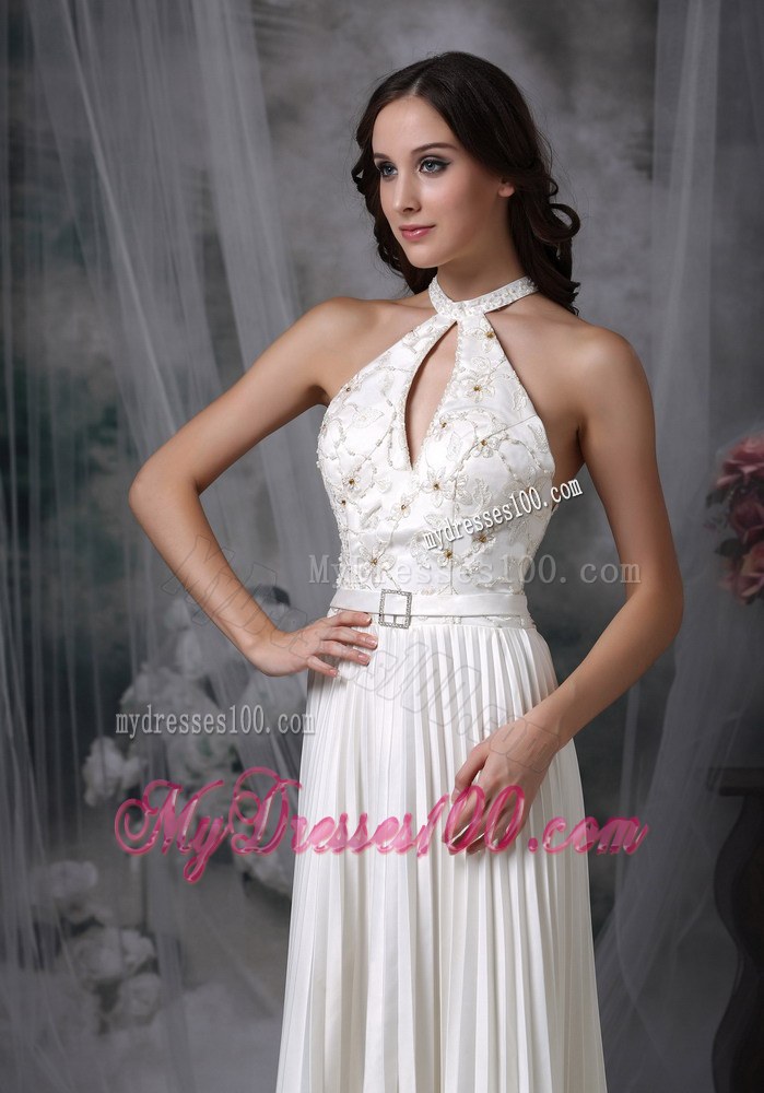 White High-neck Floor-length Pleat Appliques Wedding Dresses