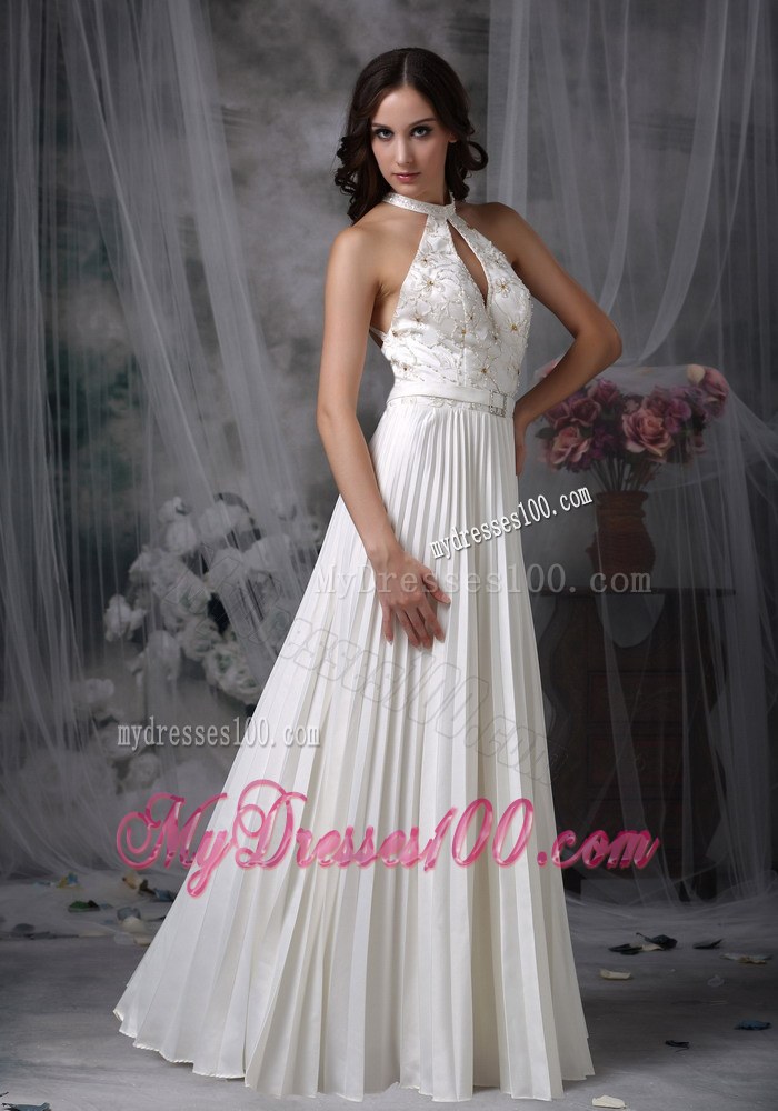 White High-neck Floor-length Pleat Appliques Wedding Dresses