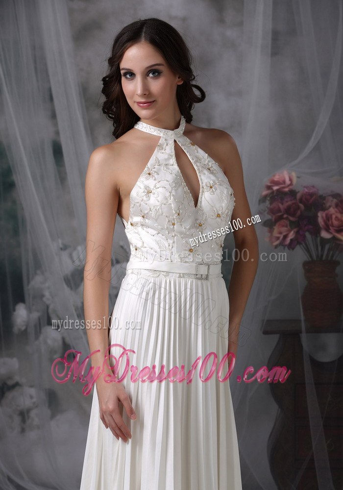 White High-neck Floor-length Pleat Appliques Wedding Dresses