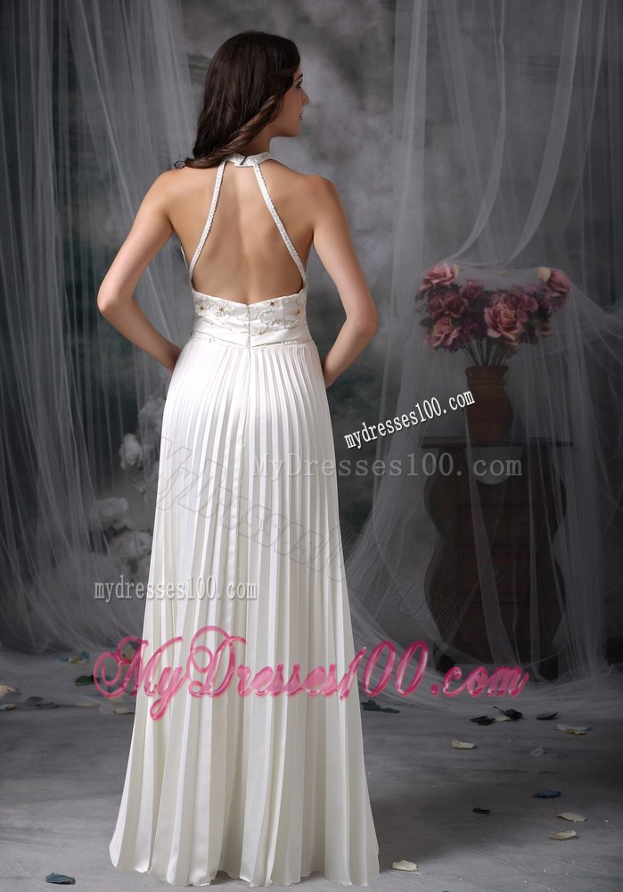 White High-neck Floor-length Pleat Appliques Wedding Dresses