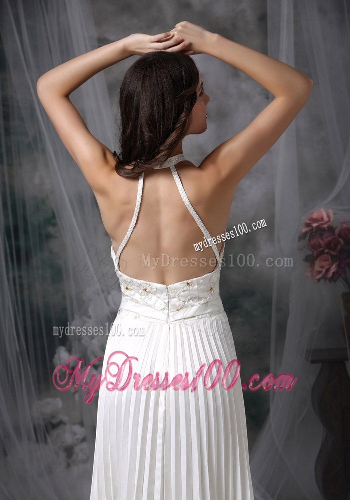 White High-neck Floor-length Pleat Appliques Wedding Dresses