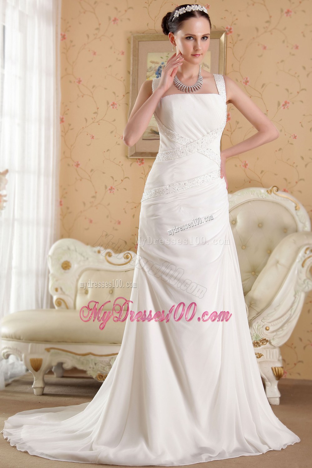 Straps Court Train Beaded Wedding Gowns for Custom Made