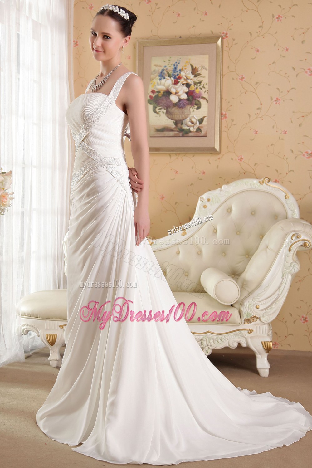 Straps Court Train Beaded Wedding Gowns for Custom Made