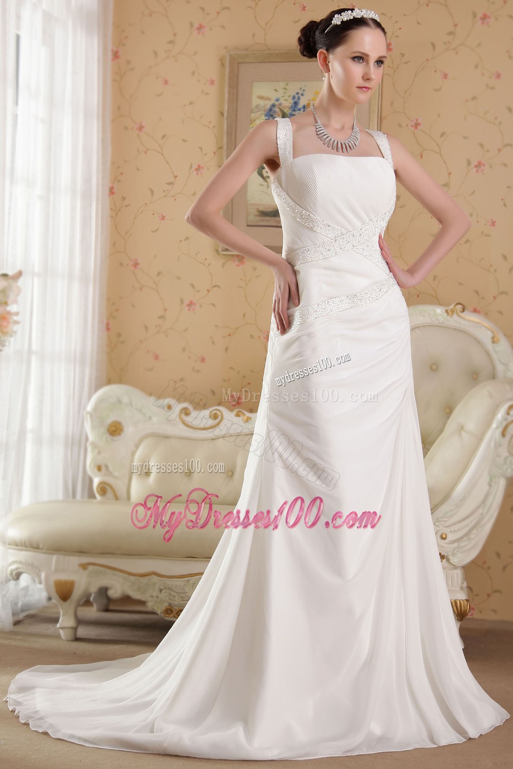 Straps Court Train Beaded Wedding Gowns for Custom Made