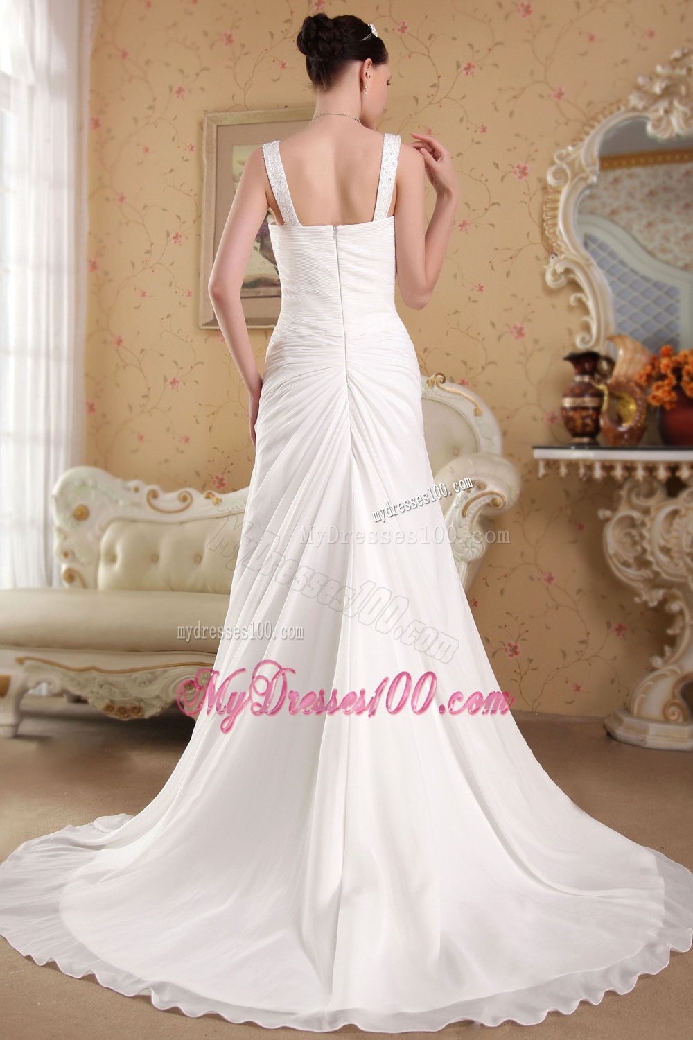 Straps Court Train Beaded Wedding Gowns for Custom Made