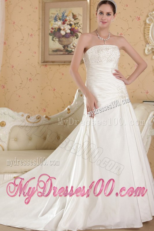 White Strapless Court Train Beaded Appliques 2013 Wedding Dresses