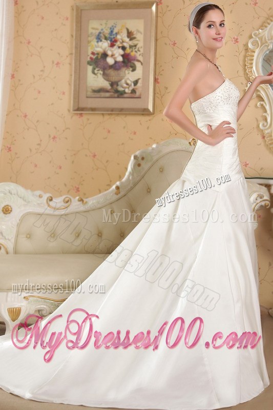 White Strapless Court Train Beaded Appliques 2013 Wedding Dresses