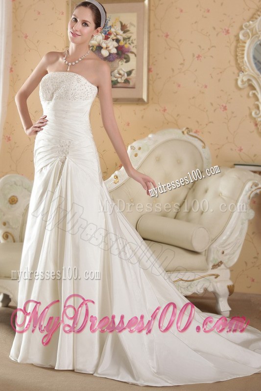 White Strapless Court Train Beaded Appliques 2013 Wedding Dresses