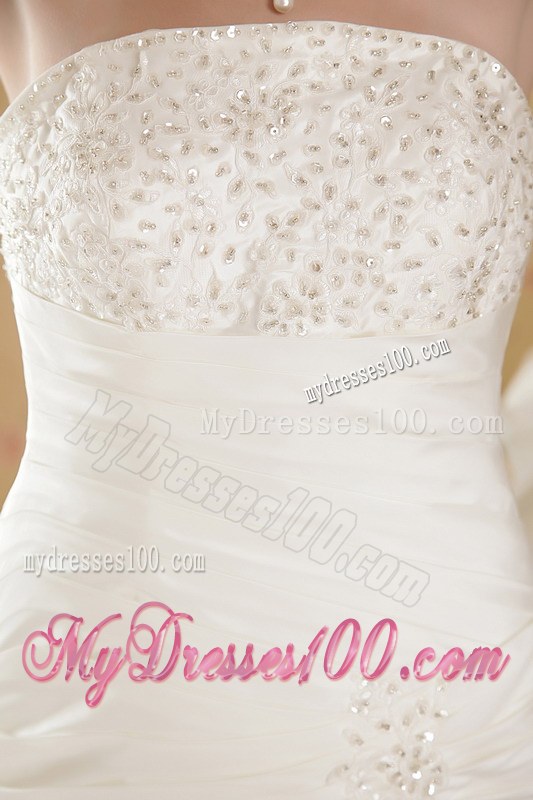 White Strapless Court Train Beaded Appliques 2013 Wedding Dresses
