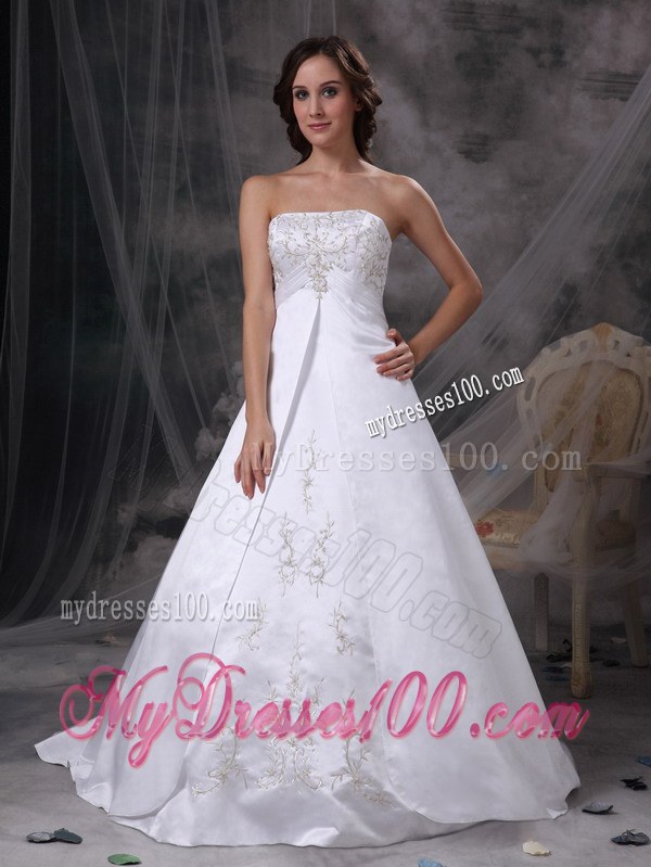 White Strapless Court Train Embroidery Wedding Dress for Custom Made