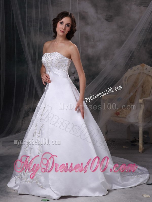 White Strapless Court Train Embroidery Wedding Dress for Custom Made