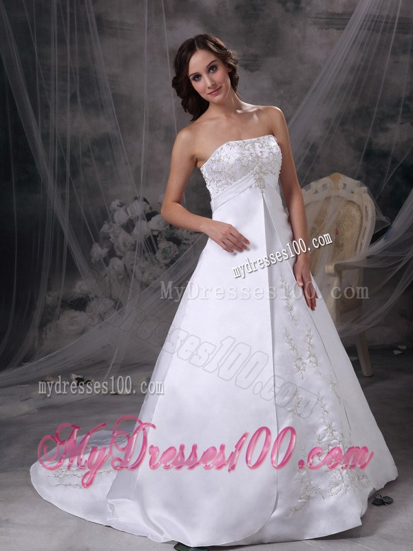 White Strapless Court Train Embroidery Wedding Dress for Custom Made