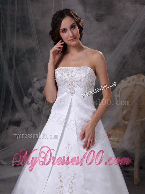White Strapless Court Train Embroidery Wedding Dress for Custom Made