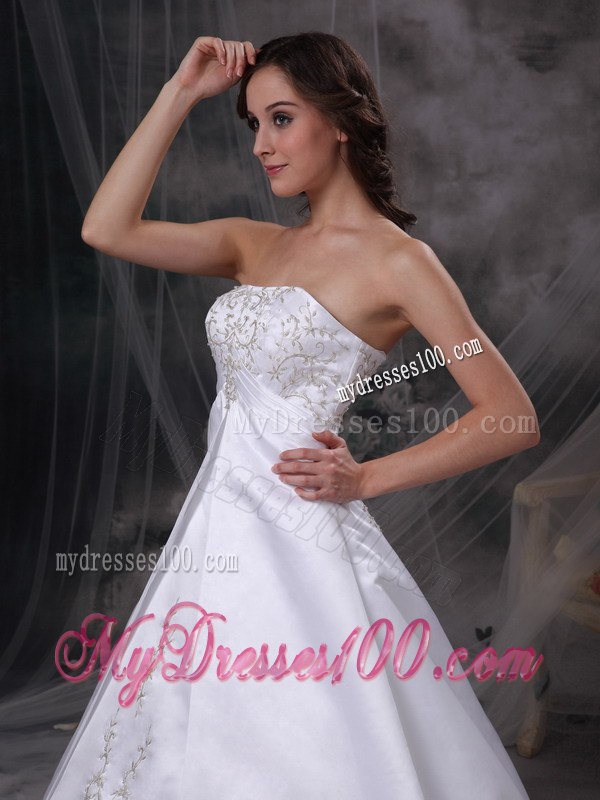 White Strapless Court Train Embroidery Wedding Dress for Custom Made