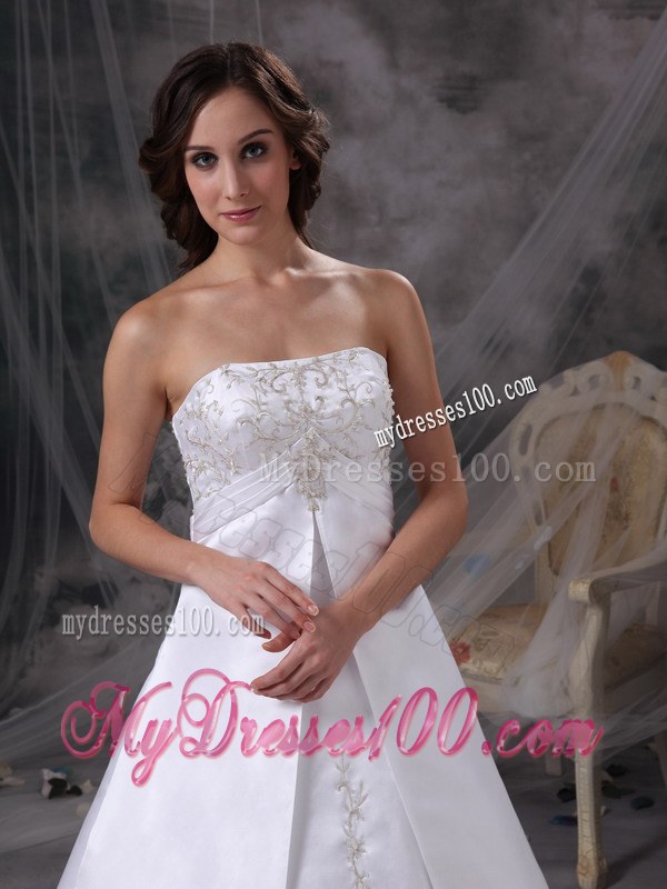 White Strapless Court Train Embroidery Wedding Dress for Custom Made
