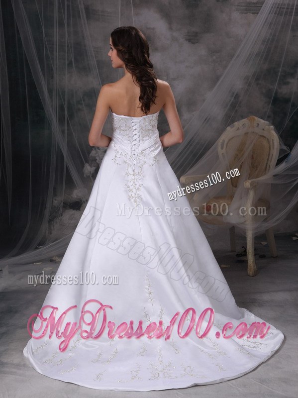 White Strapless Court Train Embroidery Wedding Dress for Custom Made