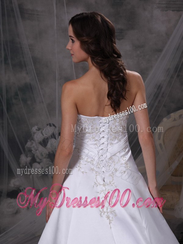 White Strapless Court Train Embroidery Wedding Dress for Custom Made
