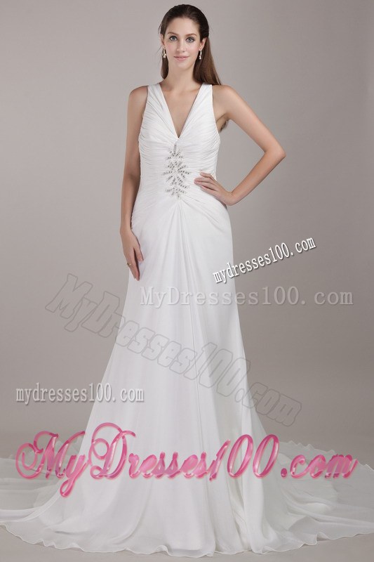 White V-neck Chapel Train Appliques Wedding Dresses with Beading