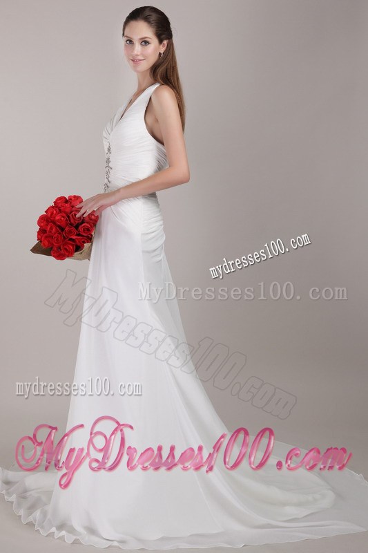 White V-neck Chapel Train Appliques Wedding Dresses with Beading