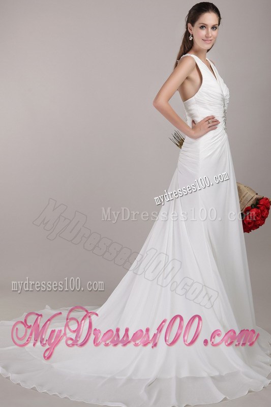 White V-neck Chapel Train Appliques Wedding Dresses with Beading
