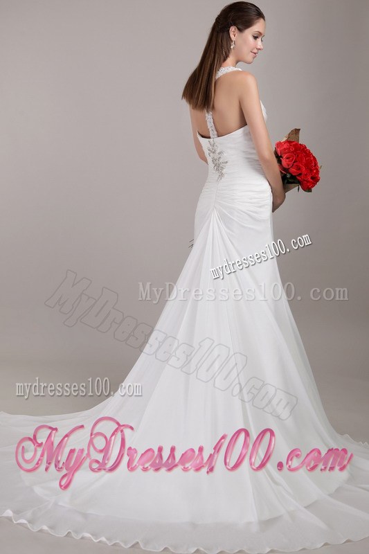 White V-neck Chapel Train Appliques Wedding Dresses with Beading