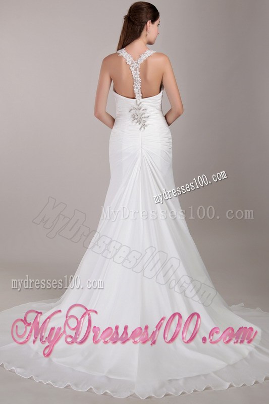 White V-neck Chapel Train Appliques Wedding Dresses with Beading