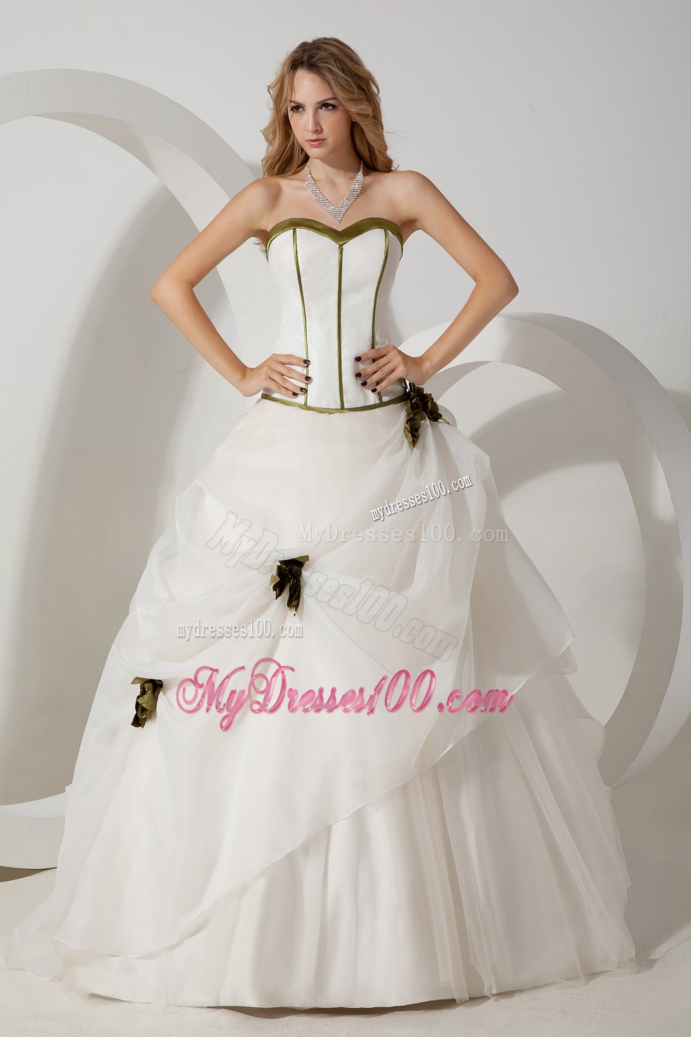 White Ball Gown Sweetheart Brush Train Flowers Wedding Dresses