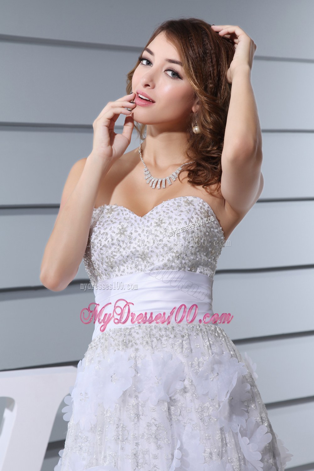 White Beading Sweetheart Hand Made Flowers Wedding Dresses
