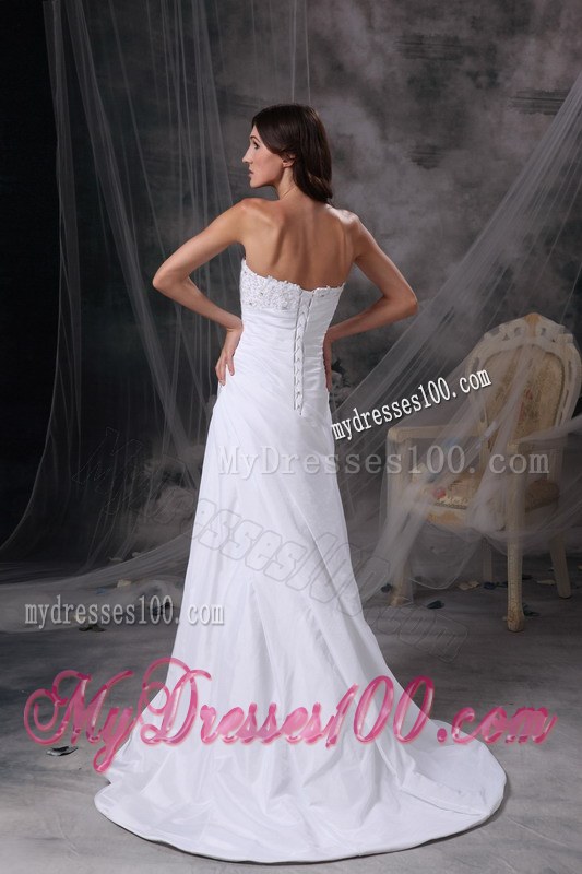 White Strapless Court Train Appliques and Ruches Wedding Dresses