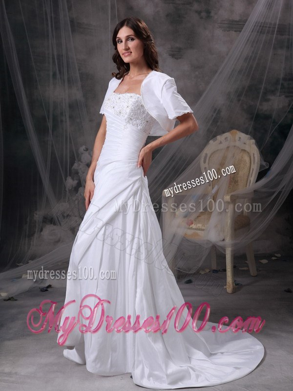 White Strapless Court Train Appliques and Ruches Wedding Dresses