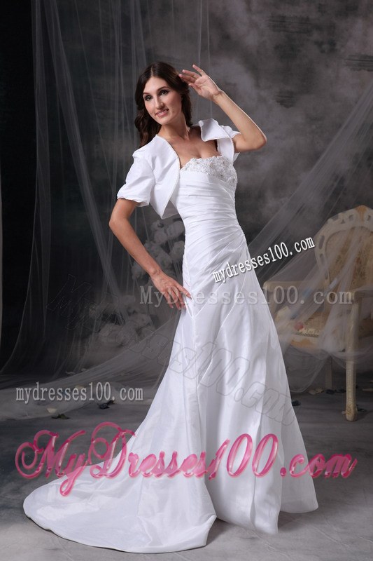 White Strapless Court Train Appliques and Ruches Wedding Dresses