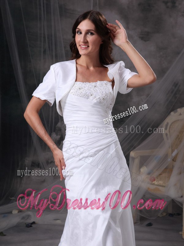 White Strapless Court Train Appliques and Ruches Wedding Dresses