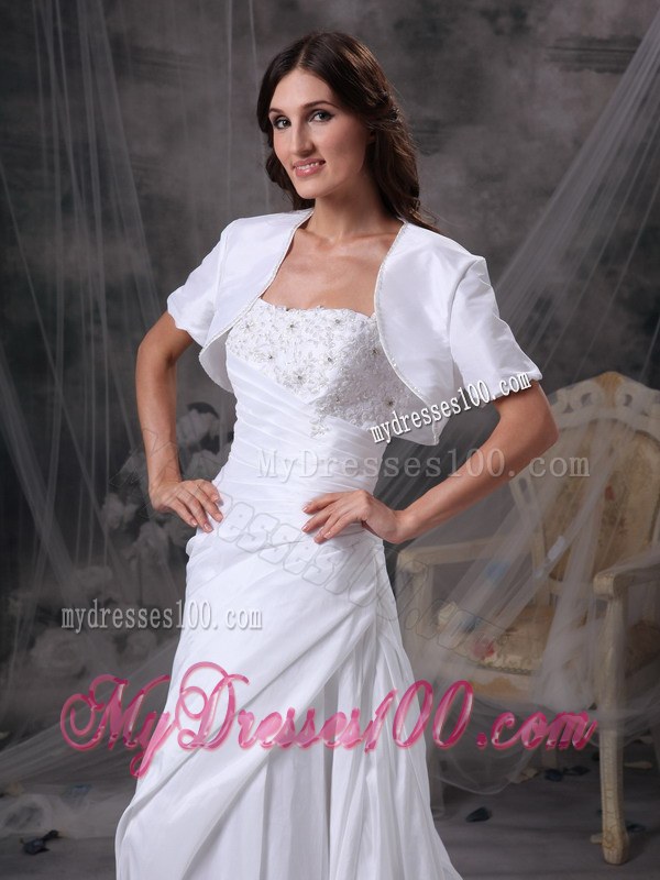 White Strapless Court Train Appliques and Ruches Wedding Dresses