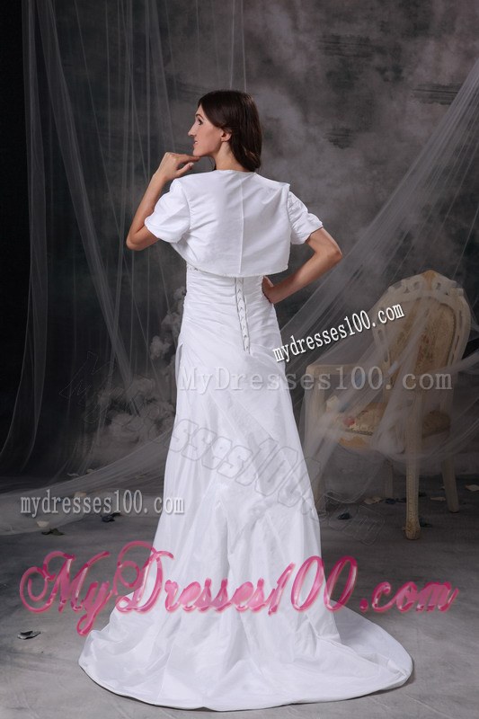 White Strapless Court Train Appliques and Ruches Wedding Dresses