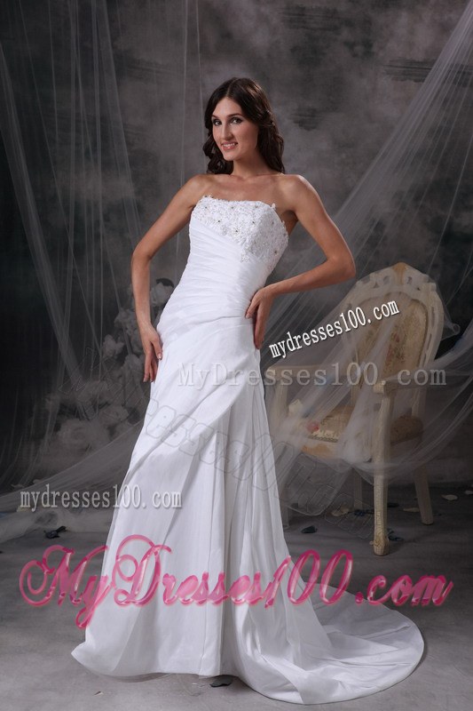 White Strapless Court Train Appliques and Ruches Wedding Dresses