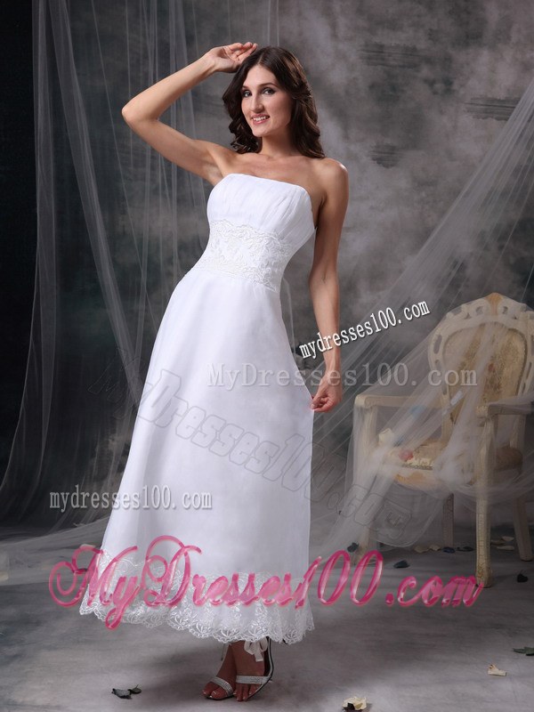 White Strapless Tea-length Wedding Dresses with Beading and Ruching