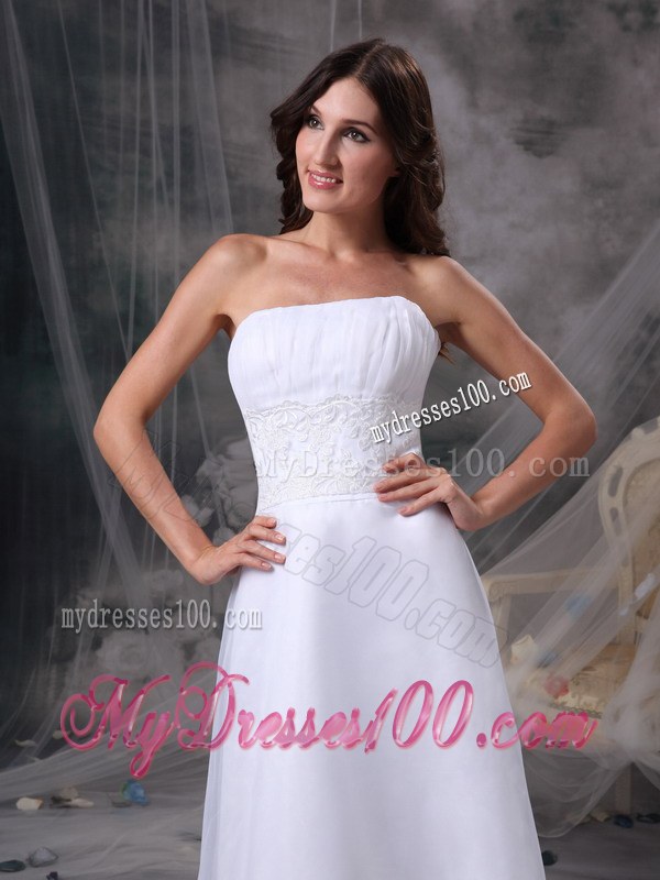 White Strapless Tea-length Wedding Dresses with Beading and Ruching