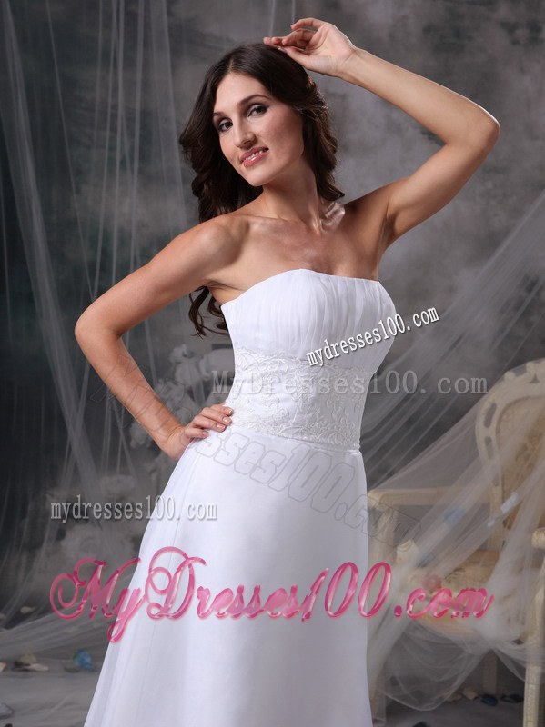 White Strapless Tea-length Wedding Dresses with Beading and Ruching