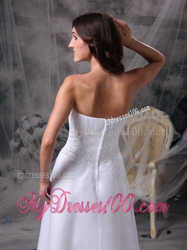 White Strapless Tea-length Wedding Dresses with Beading and Ruching