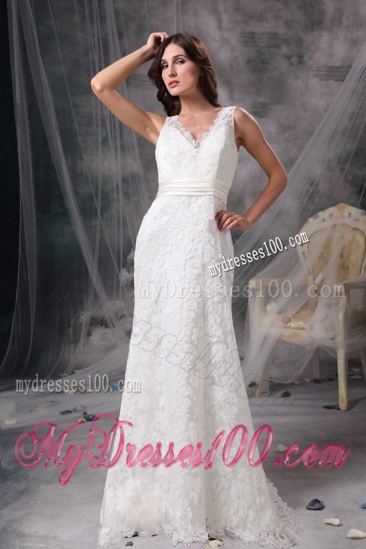 White Column V-neck Brush Train Lace Belt Wedding Dress