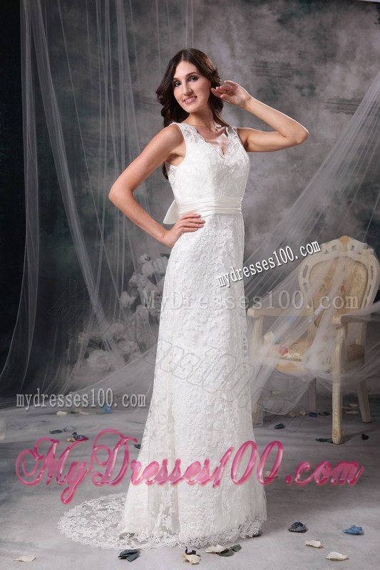 White Column V-neck Brush Train Lace Belt Wedding Dress