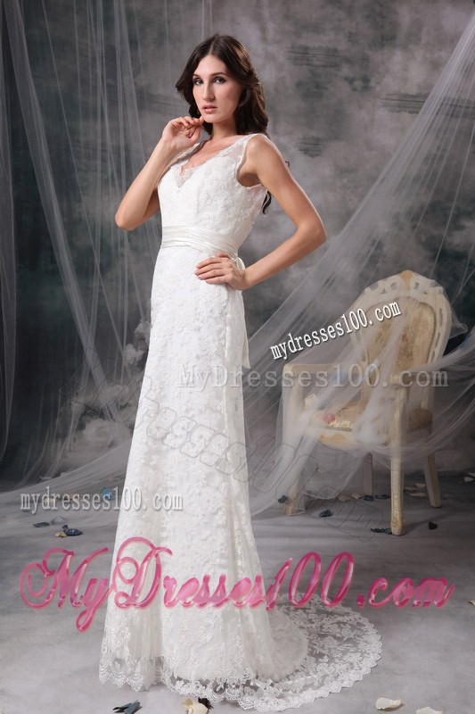 White Column V-neck Brush Train Lace Belt Wedding Dress