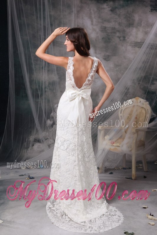 White Column V-neck Brush Train Lace Belt Wedding Dress