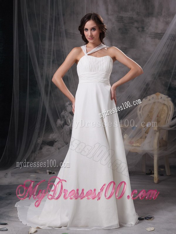 Empire Asymmetrical Neckline Court Train Ruched Wedding Dress