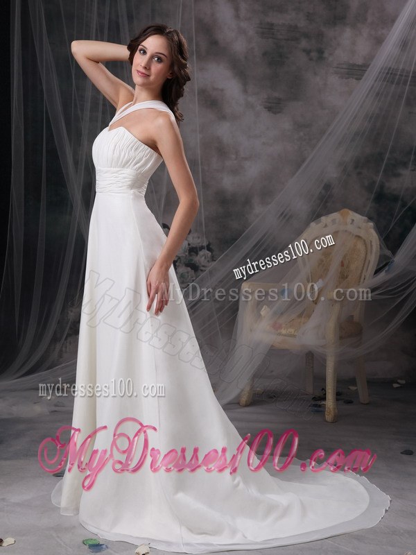 Empire Asymmetrical Neckline Court Train Ruched Wedding Dress